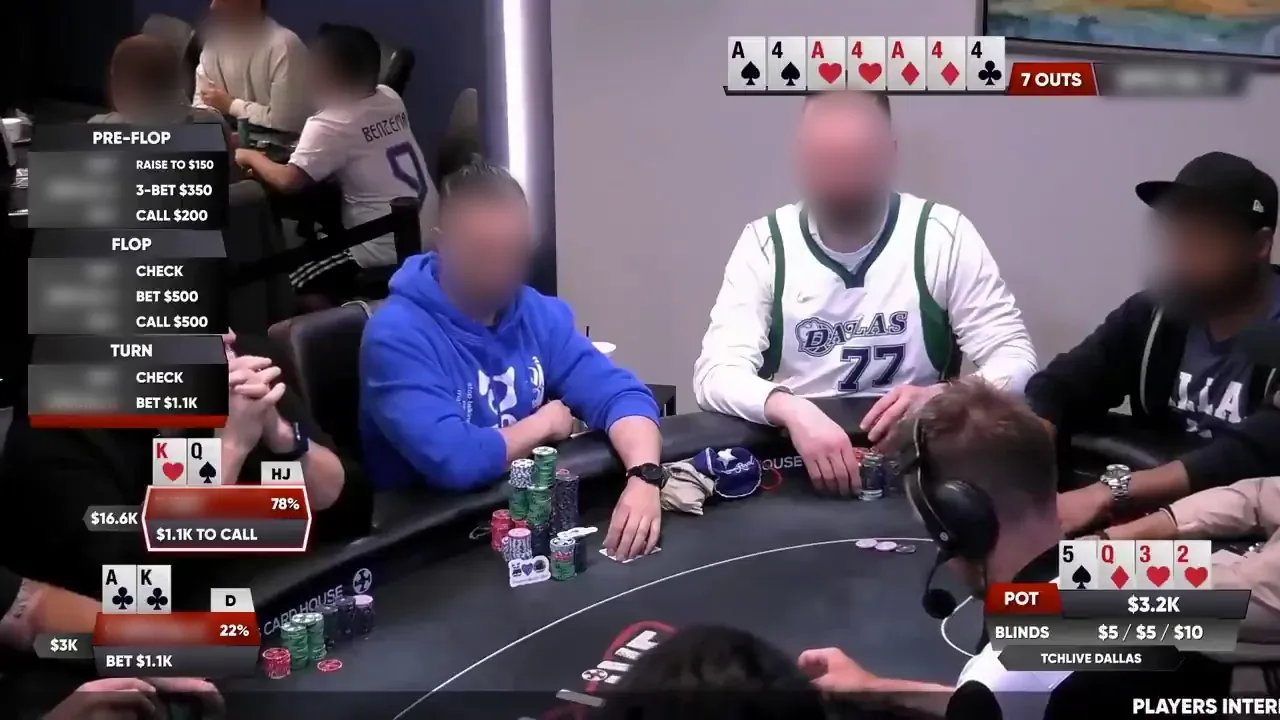 Live poker broadcast with the hole cards, board, pot, and action visible on screen