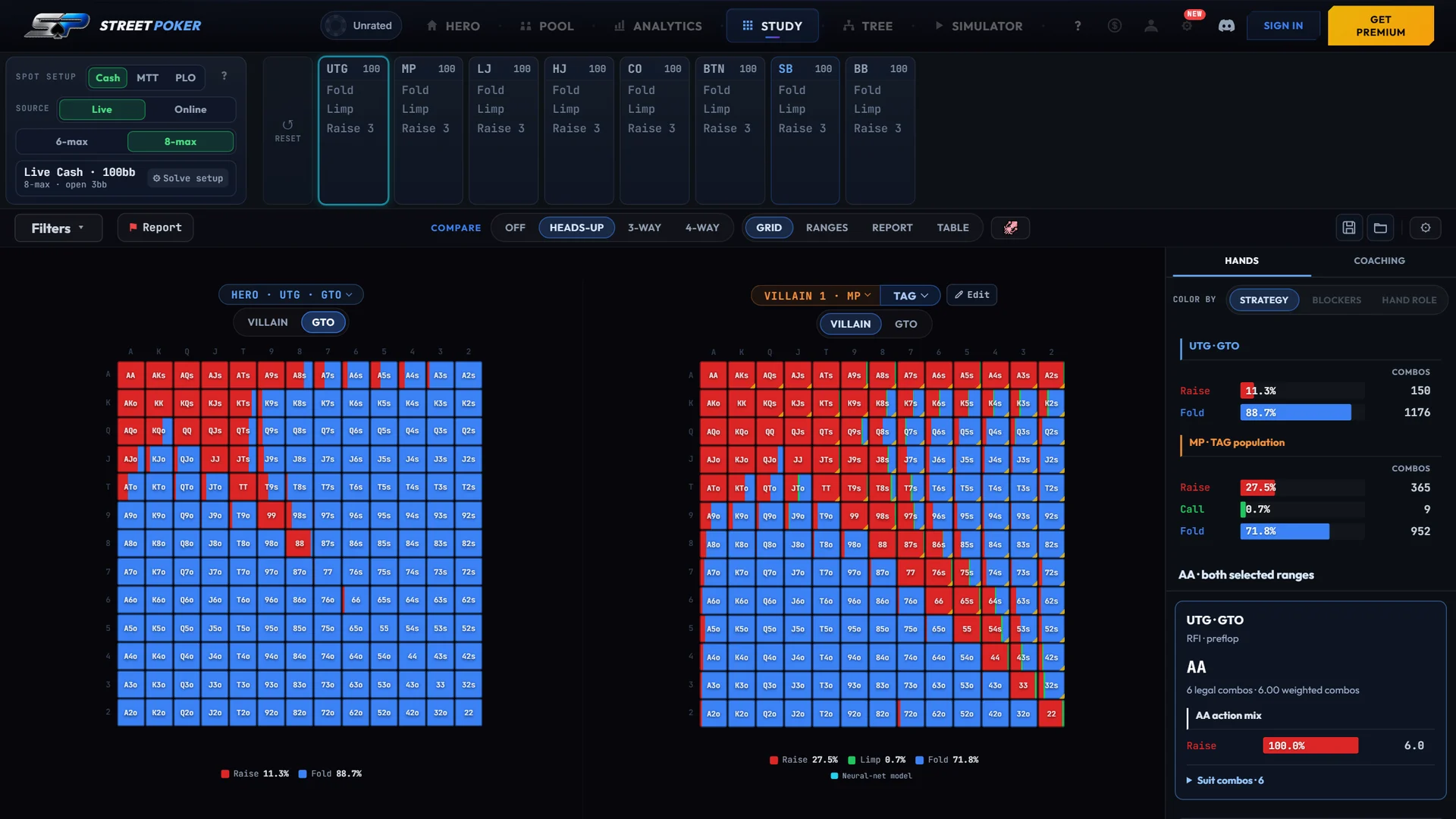 Street Poker Study view showing solved and player pool ranges side by side